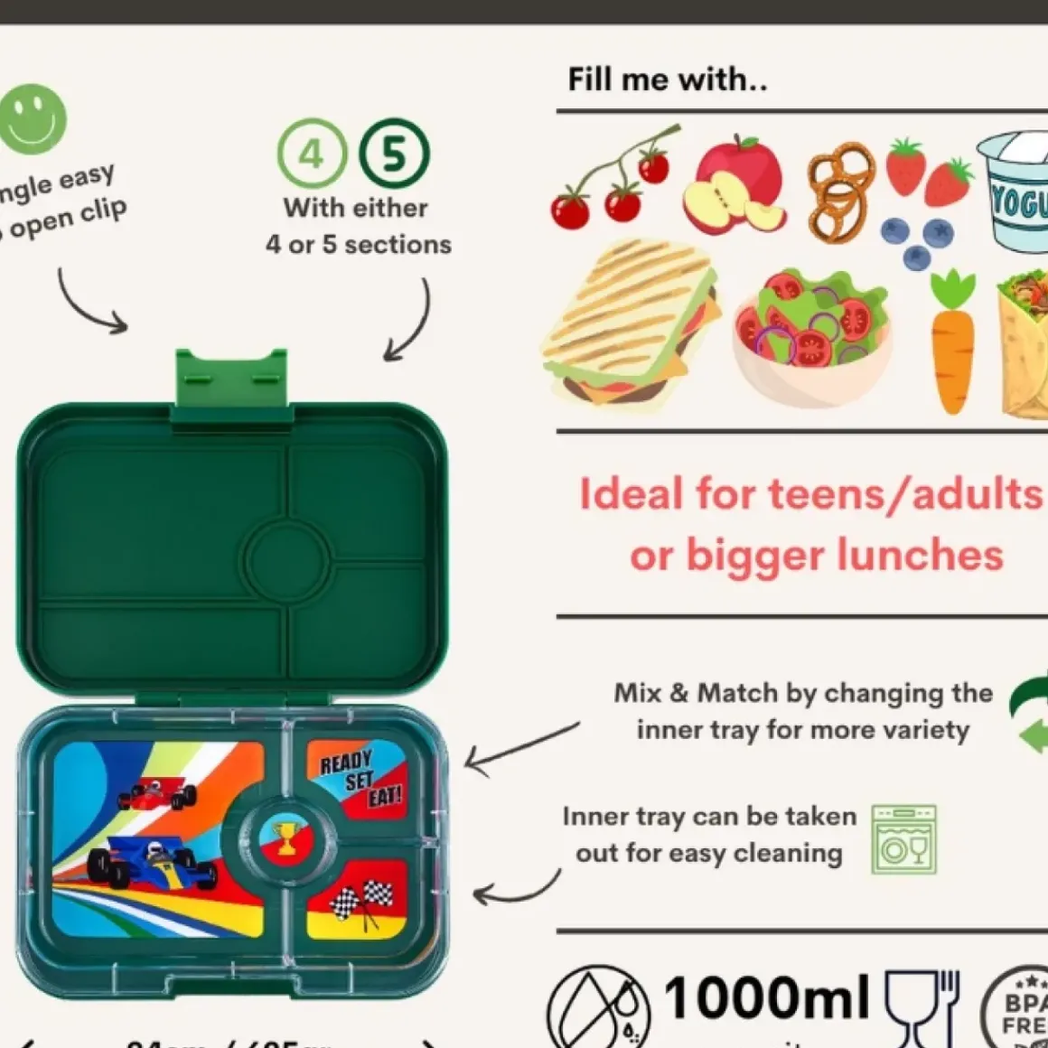 Yumbox Lunchbox Bento Greenwich/Race Cars 4 Vakken